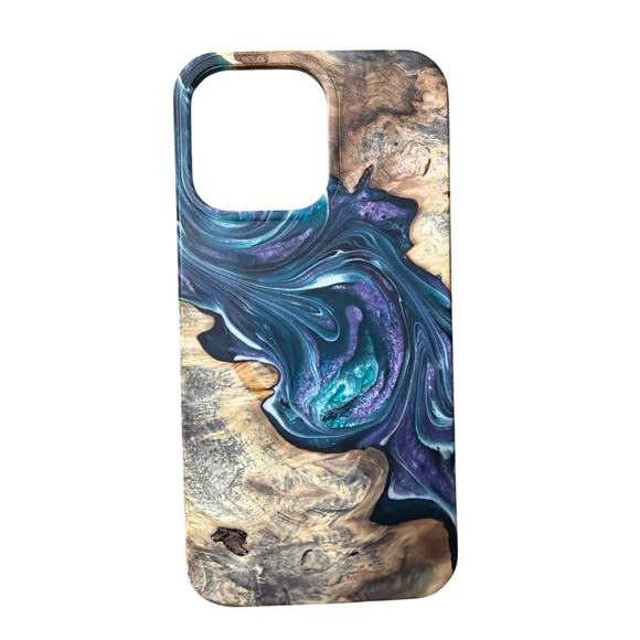 Carved iPhone 14 Pro Max Wood & Resin Live Edge Phone Case Blue & Purple Glitter - Picture 1 of 4